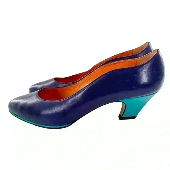 Ellen Tracy heels 8 N purple blue color block Italian leather 80s 90s vintage - Picture 5 of 12
